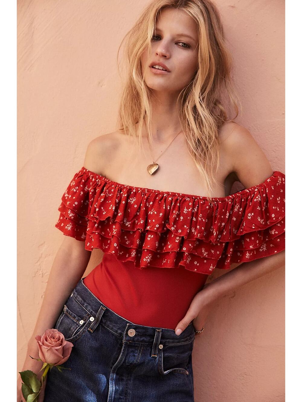 Free People Intimately Always Sunny Red Floral Off The Shoulder Bodysuit XS